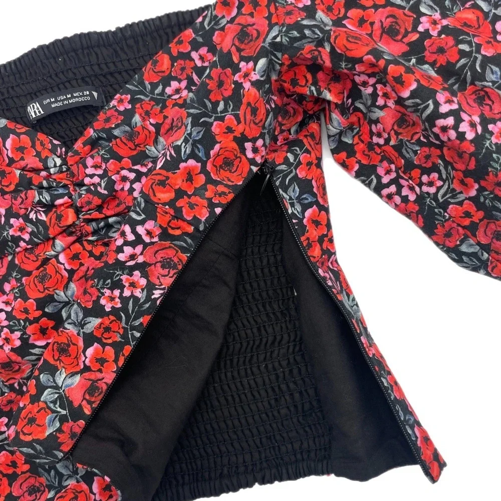 Zara Puff Sleeve Floral Crop Top Rose Print Sweetheart Ruched Blouse Size M - Picture 7 of 15